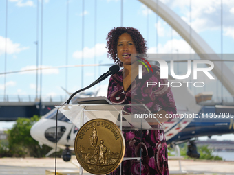 Mayor Muriel Bowser Was Joined By DC Metropolitan Police Chief Pamela Smith To Unveil A New ''FALCON ONE'' Helicopter, An Airbus H-125, That...