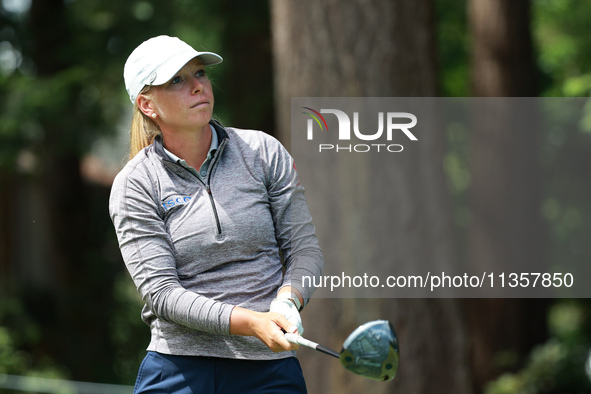 Lauren Hartlage of the United States tees off on the 6th hole during Day Four of the KPMG Women's PGA Championship at Sahalee Country Club i...