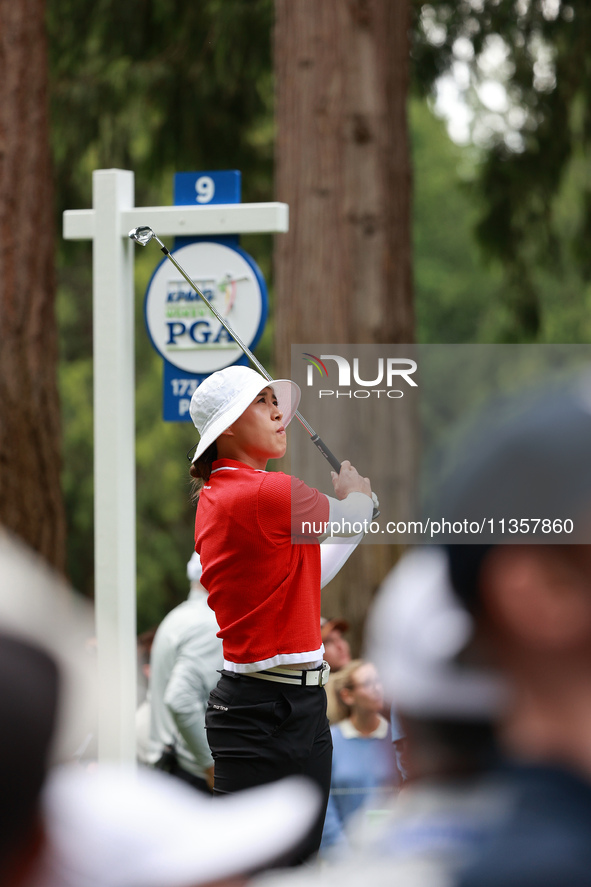 Amy Yang of Republic of Korea tees off on the 9th hole during Day Four of the KPMG Women's PGA Championship at Sahalee Country Club in Samma...