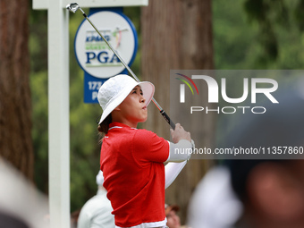 Amy Yang of Republic of Korea tees off on the 9th hole during Day Four of the KPMG Women's PGA Championship at Sahalee Country Club in Samma...