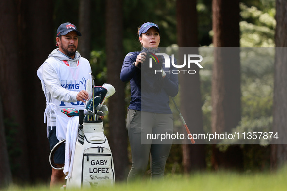 Gaby Lopez of Mexico prepares to play her tee shot on the third hole during Day Four of the KPMG Women's PGA Championship at Sahalee Country...