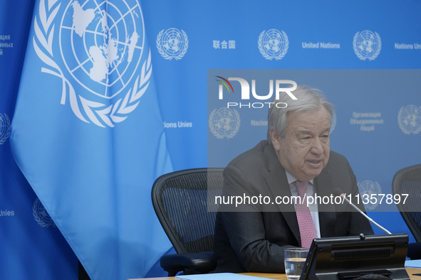 UN Secretary-General Antonio Guterres discusses work needed to institute measures to protect information integrity, at the United Nations He...