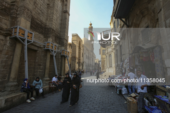 Al-Moez Street in Al-Gamaleya neighborhood next to the Khan Al-Khalili market area, on June 24, 2024, in Cairo, Egypt, is containing the lar...