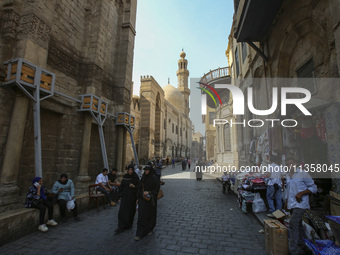 Al-Moez Street in Al-Gamaleya neighborhood next to the Khan Al-Khalili market area, on June 24, 2024, in Cairo, Egypt, is containing the lar...