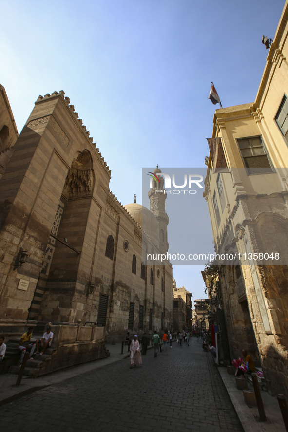 Al-Moez Street in Al-Gamaleya neighborhood next to the Khan Al-Khalili market area, on June 24, 2024, in Cairo, Egypt, is containing the lar...