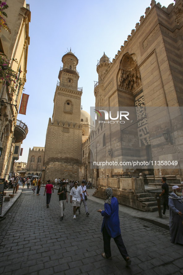 Al-Moez Street in Al-Gamaleya neighborhood next to the Khan Al-Khalili market area, on June 24, 2024, in Cairo, Egypt, is containing the lar...