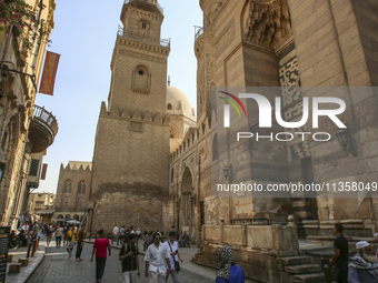 Al-Moez Street in Al-Gamaleya neighborhood next to the Khan Al-Khalili market area, on June 24, 2024, in Cairo, Egypt, is containing the lar...