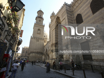 Al-Moez Street in Al-Gamaleya neighborhood next to the Khan Al-Khalili market area, on June 24, 2024, in Cairo, Egypt, is containing the lar...