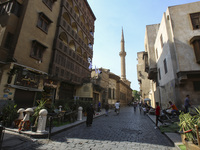 Al-Moez Street in Al-Gamaleya neighborhood next to the Khan Al-Khalili market area, on June 24, 2024, in Cairo, Egypt, is containing the lar...