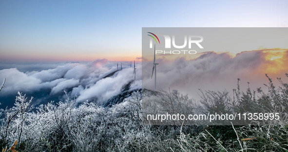 Wind power facilities are being seen at the core observation area of Geyuan, the China Dark Night Sky Protected Area, in Shangrao, China, on...