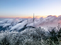 Wind power facilities are being seen at the core observation area of Geyuan, the China Dark Night Sky Protected Area, in Shangrao, China, on...