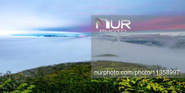 Wind power facilities are being seen at the core observation area of the Chinese Dark Night Starry Sky Protection Geopark in Shangrao, China...