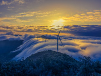 Wind power facilities are being seen at the core observation area of Geyuan, the Chinese Dark Night Starry Sky Protected Area, in Shangrao,...