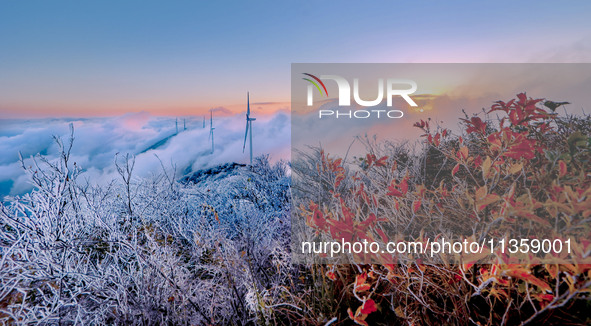 Wind power facilities are being seen at the core observation area of Geyuan, the China Dark Night Sky Protected Area, in Shangrao, China, on...