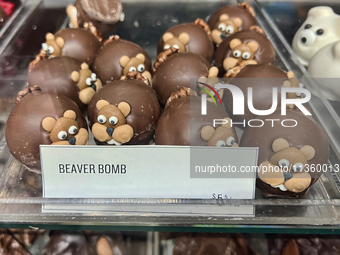 Beaver bomb chocolates are being displayed at a confectionery shop in Niagara-on-the-Lake, Ontario, Canada, on June 12, 2024. (