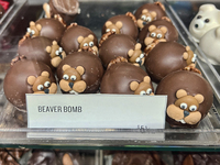 Beaver bomb chocolates are being displayed at a confectionery shop in Niagara-on-the-Lake, Ontario, Canada, on June 12, 2024. (