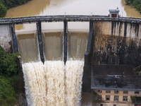 An aerial photo is showing the flood discharge at the Yongli Hydropower Station in Congjiang County, Southwest China's Guizhou Province, on...