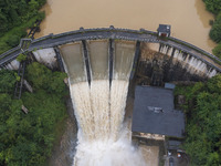 An aerial photo is showing the flood discharge at the Yongli Hydropower Station in Congjiang County, Southwest China's Guizhou Province, on...