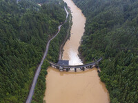 An aerial photo is showing the flood discharge at the Yongli Hydropower Station in Congjiang County, Southwest China's Guizhou Province, on...