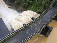 An aerial photo is showing the flood discharge at the Yongli Hydropower Station in Congjiang County, Southwest China's Guizhou Province, on...