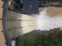 An aerial photo is showing the flood discharge at the Yongli Hydropower Station in Congjiang County, Southwest China's Guizhou Province, on...