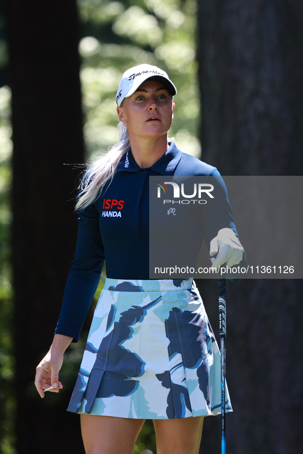 Charley Hull of England tees off on the third hole during Day Two of the KPMG Women's PGA Championship at Sahalee Country Club in Sammamish,...