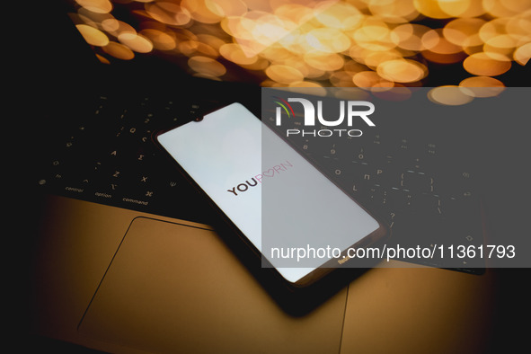 The Youporn logo is being displayed on a smartphone screen in Athens, Greece, on June 26, 2024. (Photo Illustration by Nikolas Kokovlis/NurP...