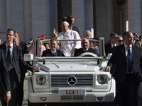 Pope Francis is arriving on the popemobile for the weekly general audience in The Vatican, on June 26, 2024, at St Peter's Square. (