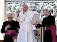 Pope Francis is making the sign of the cross during the weekly general audience in The Vatican, on June 26, 2024, at St Peter's Square. (