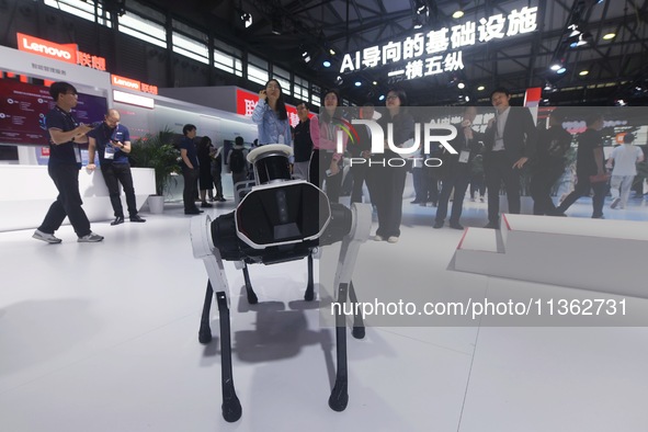 Visitors are interacting with intelligent robot dogs at the 2024 Mobile World Congress (MWC Shanghai) in Shanghai, China, on June 26, 2024. 