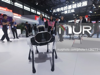 Visitors are interacting with intelligent robot dogs at the 2024 Mobile World Congress (MWC Shanghai) in Shanghai, China, on June 26, 2024....