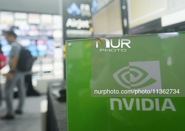 The Nvidia logo is being seen during the 2024 Mobile World Congress (MWC Shanghai) in Shanghai, China, on June 26, 2024. 