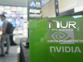 The Nvidia logo is being seen during the 2024 Mobile World Congress (MWC Shanghai) in Shanghai, China, on June 26, 2024. (