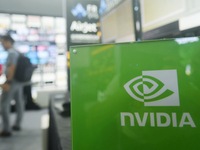 The Nvidia logo is being seen during the 2024 Mobile World Congress (MWC Shanghai) in Shanghai, China, on June 26, 2024. (