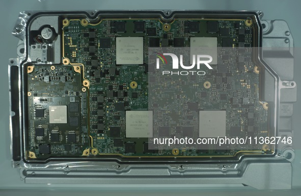 A photo is showing NIO's central computing platform using Nvidia's car-scale chip at the 2024 Mobile World Congress (MWC Shanghai) in Shangh...