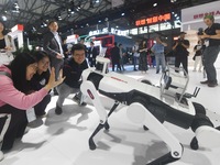 Foreign visitors are interacting with intelligent robot dogs at the 2024 Mobile World Congress (MWC Shanghai) in Shanghai, China, on June 26...