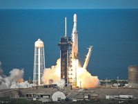 A SpaceX Falcon Heavy rocket is launching with the GOES-U spacecraft from NASA's Kennedy Space Center in Cape Canaveral, Florida, on June 25...