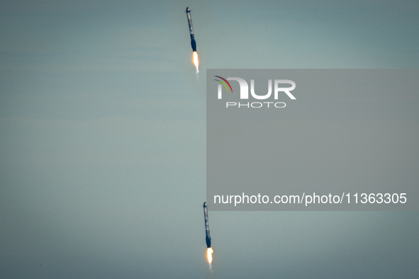 A SpaceX Falcon Heavy Rocket With The GOES-U Spacecraft Launches From NASA's Kennedy Space Center In Cape Canaveral, Florida, On June 25, 20...