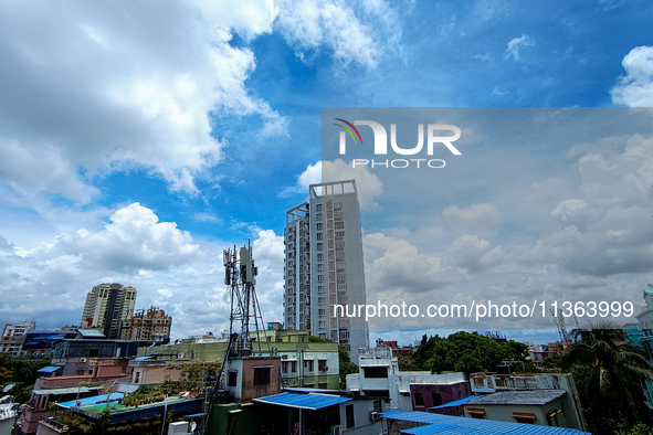 Cotton candy clouds are appearing before monsoon rain, above the cityscape of Kolkata, India, on June 27, 2024 