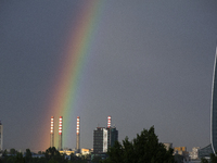 A rainbow is appearing over the eastern part of Sofia, Bulgaria, on June 27, 2024. (