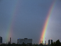 A rainbow is appearing over the eastern part of Sofia, Bulgaria, on June 27, 2024. (