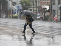 A woman is covering herself with an umbrella from the heavy rains on the Calzada Ermita south of the city, due to Tropical Wave Number 5, wh...