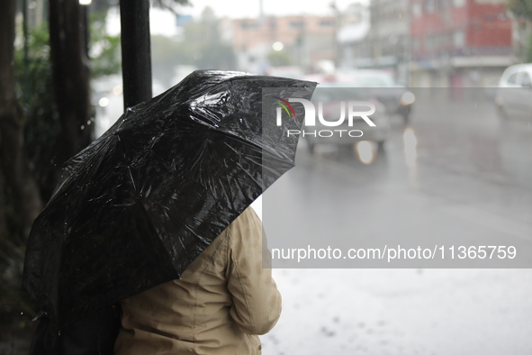 A woman is covering herself with an umbrella from the heavy rains on the Calzada Ermita south of the city, due to Tropical Wave Number 5, wh...