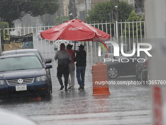 Persons are covering themselves with an umbrella from the heavy rains on the Calzada Ermita south of the city, due to Tropical Wave Number 5...