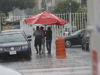 Persons are covering themselves with an umbrella from the heavy rains on the Calzada Ermita south of the city, due to Tropical Wave Number 5...