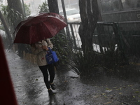 A woman is covering herself with an umbrella from the heavy rains on the Calzada Ermita south of the city, due to Tropical Wave Number 5, wh...