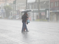 A couple is covering themselves with an umbrella from the heavy rains on the Calzada Ermita south of the city, due to Tropical Wave Number 5...