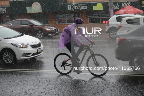 A woman is riding a bicycle wearing a waterproof to cover herself from the heavy rains on the Calzada Ermita south of the city, due to Tropi...