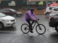 A woman is riding a bicycle wearing a waterproof to cover herself from the heavy rains on the Calzada Ermita south of the city, due to Tropi...