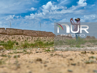 Staff members are conducting site investigation and data collection at the JinshanZi section of the Ming Great Wall in Zhangye, China, on Ju...